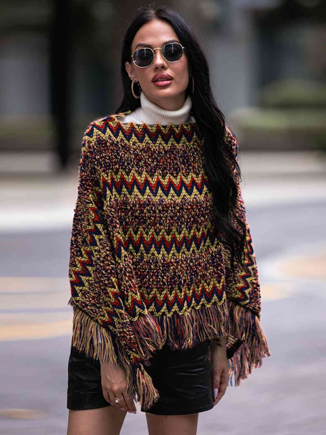 Fringe Hem Boat Neck Poncho