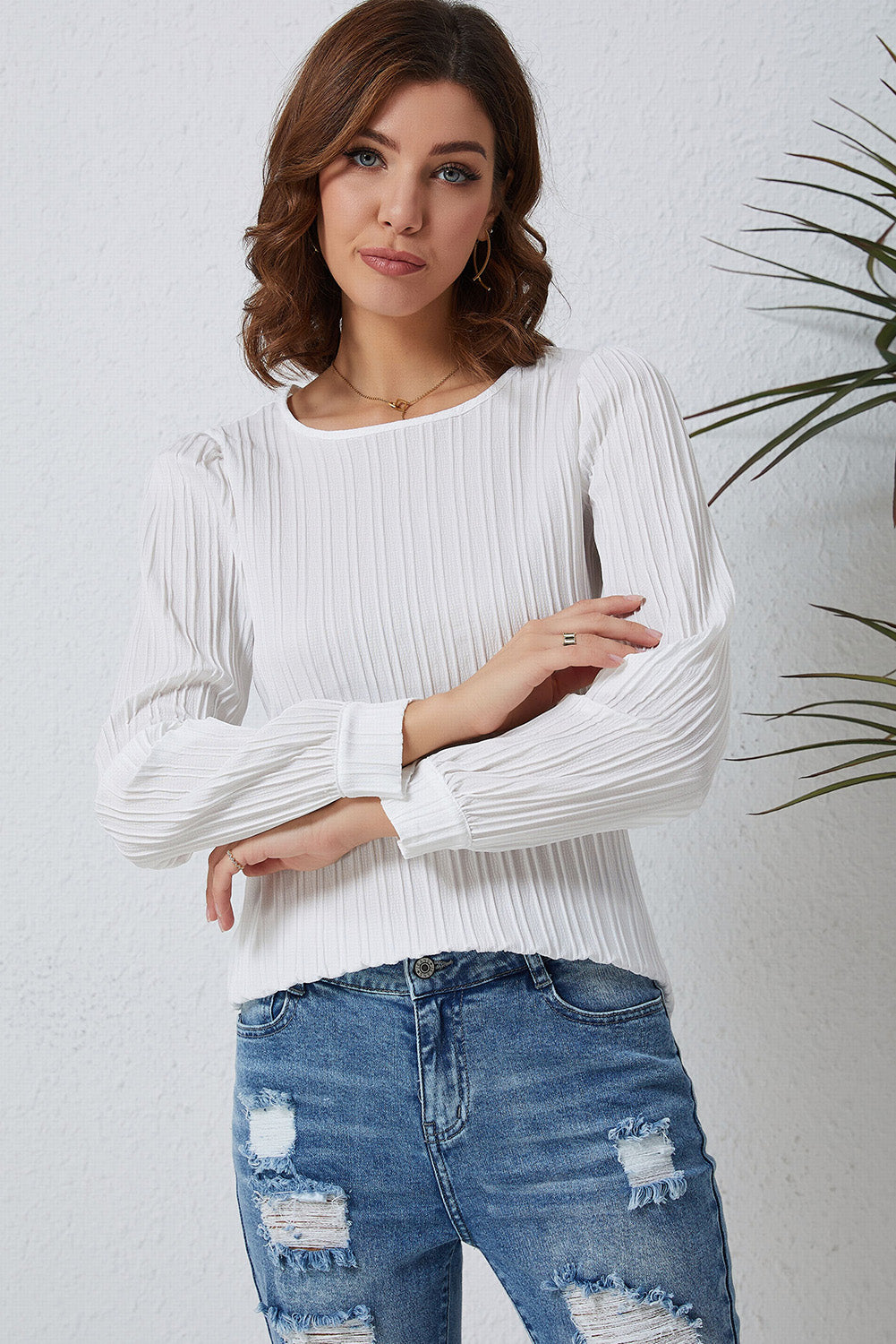 Double Take Ribbed Round Neck Long Sleeve Top