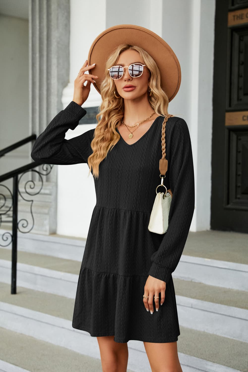 V Neck Long Sleeve Mini Dress