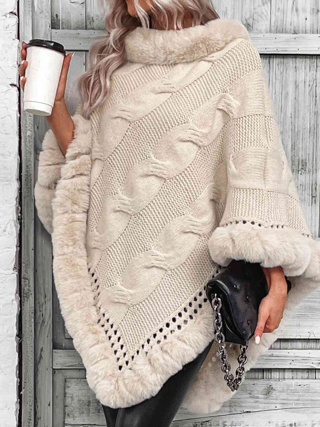 Faux Fur Trim Cable-Knit Poncho