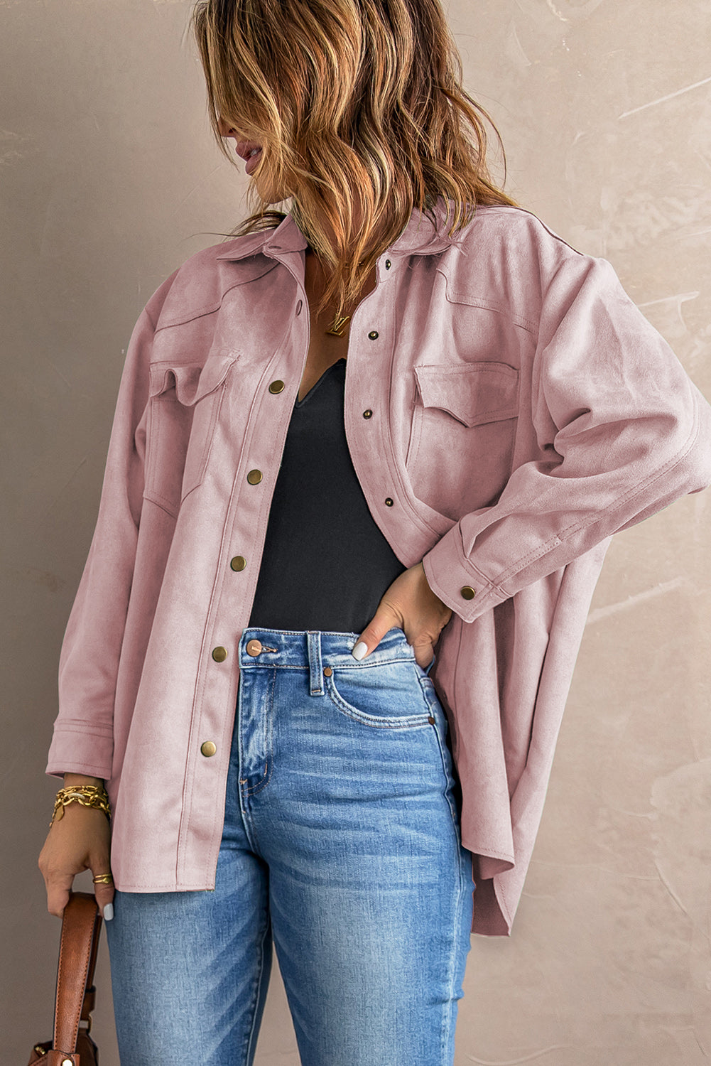 Double Take Suede Snap Front Dropped Shoulder Jacket