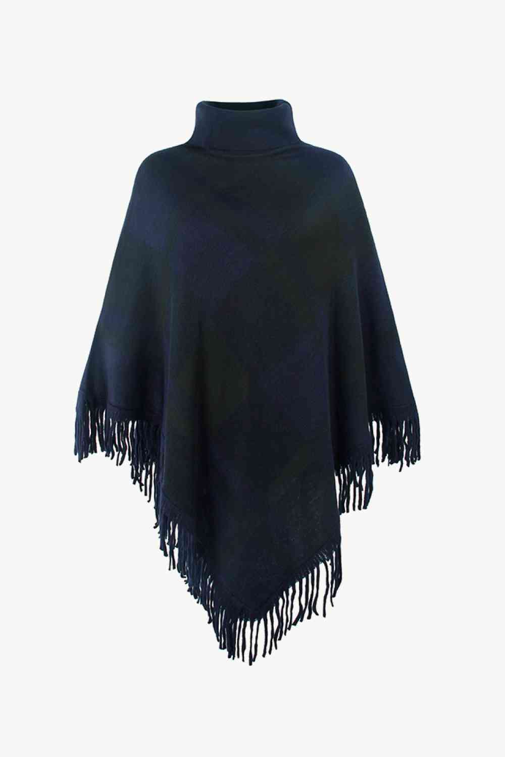 Plaid Turtleneck Fringe Hem Poncho